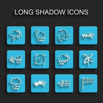 Set line Cloud with snow and rain, Wind, Storm, Cone meteorology windsock wind Stock Illustration