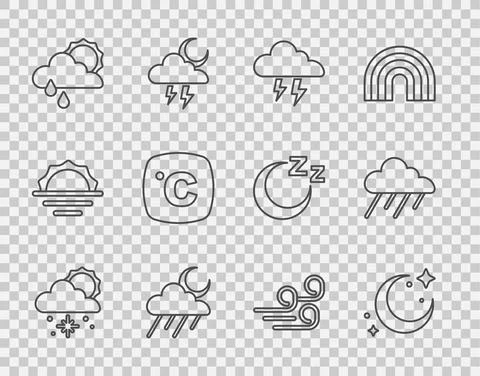 Set line Cloud with snow and sun, Moon stars, Storm, rain moon, Celsius, Windy Stock Illustration