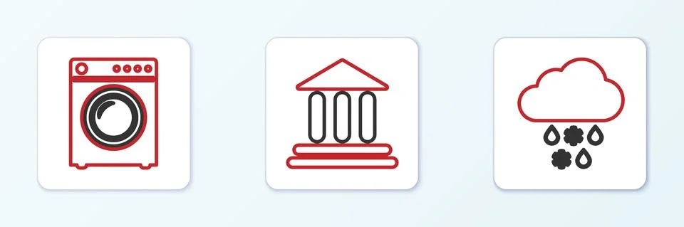 Set line Cloud with snow and rain, Washer and Bank building icon. Vector Ilustración de archivo