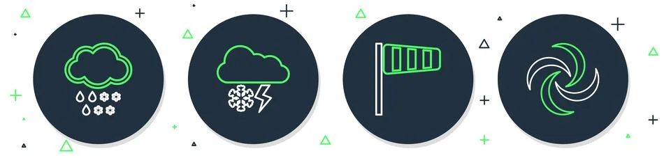 Set line Cloud with snow and lightning, Cone windsock wind vane, rain and Stock Illustration