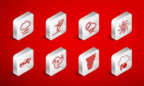 Set line Cloud with snow and lightning, Tornado, snow, rain, sun, and Wind icon Stock Illustration