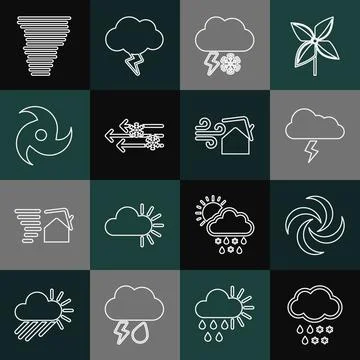Set line Cloud with snow and rain, Tornado, Storm, lightning, Wind, and swirl Stock Illustration