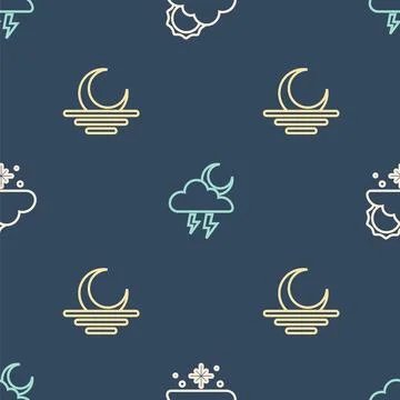 Set line Cloud with snow and sun, Sunset and Storm on seamless pattern. Vector Illustrazione stock