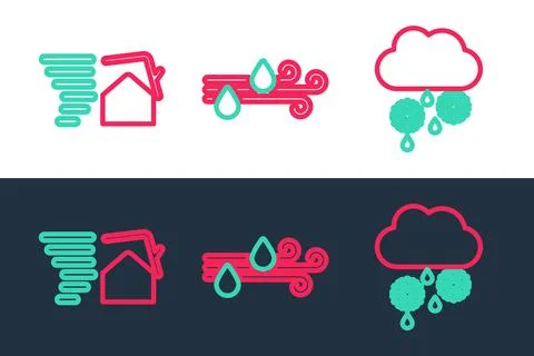 Set line Cloud with snow and rain, Tornado swirl and Wind icon. Vector Illustrazione stock