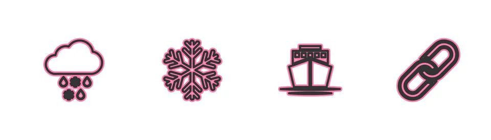 Set line Cloud with snow and rain, Ship, Snowflake and Chain link icon. Vecto Stock Illustration