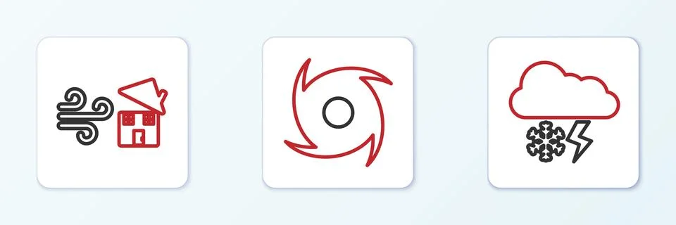 Set line Cloud with snow and lightning, Tornado swirl and  icon. Vector Illustrazione stock