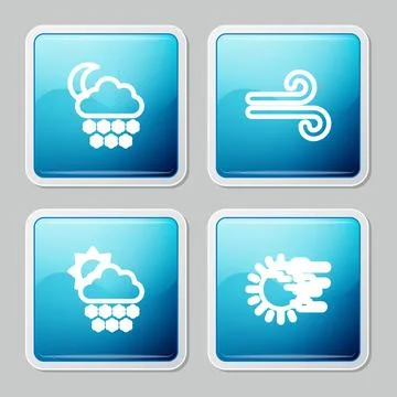 Set line Cloud with snow and moon, Wind, sun and Fog icon. Vector Ilustração Stock