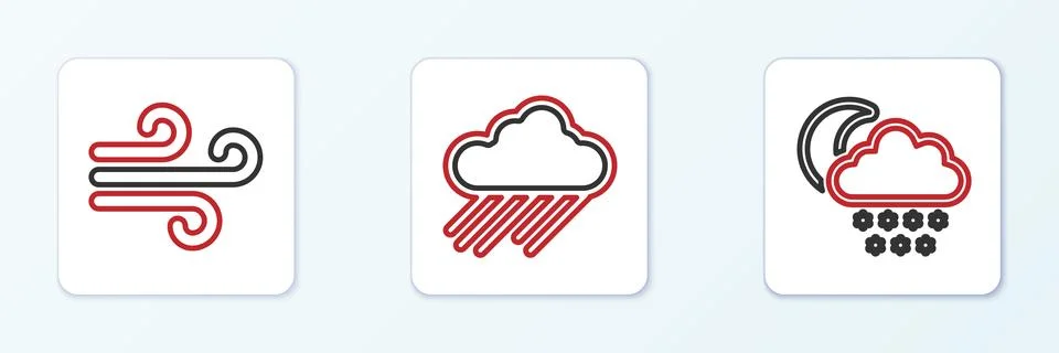 Set line Cloud with snow and moon, Wind and rain icon. Vector Stock Illustration