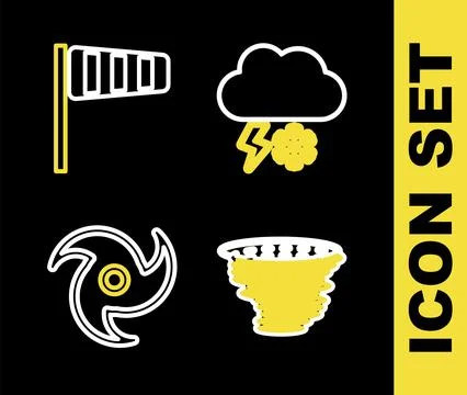 Set line Cloud with snow and lightning, Tornado,  and Cone windsock wind va.. Stock Illustration