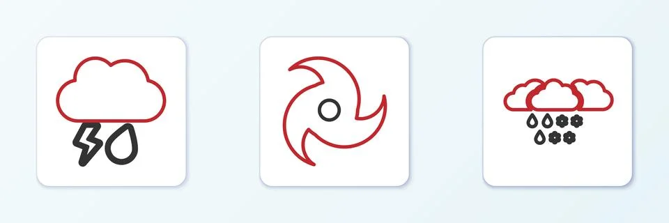 Set line Cloud with snow and rain, lightning and Tornado icon. Vector Stock Illustration
