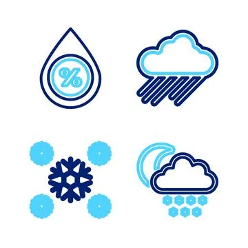 Set line Cloud with snow and moon, Snow, rain and Water drop percentage ico.. Stock Illustration