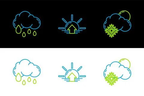 Set line Cloud with snow and sun, rain and Sunrise icon. Vector 스톡 일러스트