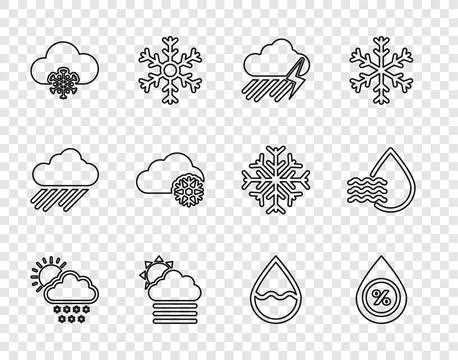 Set line Cloud with snow and sun, Water drop percentage, rain lightning, Fo.. Stock-Illustration