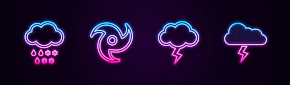 Set line Cloud with snow and rain, Tornado, Storm and . Glowing neon icon. Ve Stock Illustration