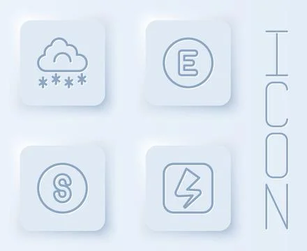 Set line Cloud with snow, Compass west, south and Lightning bolt. White square Illustrazione stock