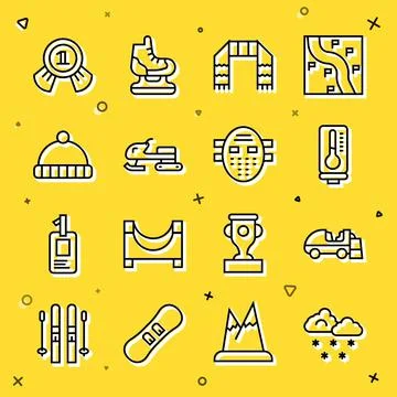 Set line Cloud with snow, Ice resurfacer, Meteorology thermometer, Winter scarf Stock Illustration