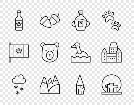 Set line Cloud with snow, Montreal Biosphere, Maple syrup, Mountains, Beer .. Stock Illustration