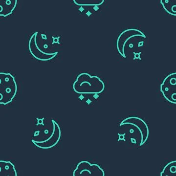 Set line Cloud with snow, Moon and stars and  on seamless pattern. Vector Illustrazione stock