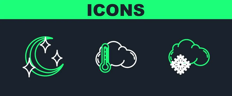 Set line Cloud with snow, Moon and stars and Thermometer cloud icon. Vector Illustrazione stock