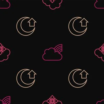 Set line Cloud with snow, Moon and Rainbow clouds on seamless pattern. Vector Stock Illustration