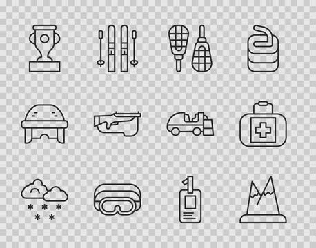 Set line Cloud with snow, Mountains, Snowshoes, Ski goggles, Award cup, Biath Illustrazione stock