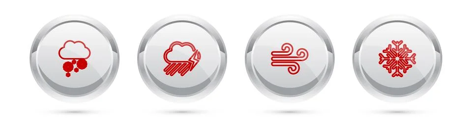Set line Cloud with snow, rain and lightning, Wind and Snowflake. Silver circle Stock Illustration
