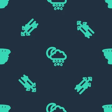 Set line Cloud with snow, rain, moon, Wind and and Tornado on seamless pattern Stock Illustration