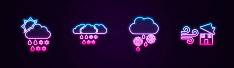 Set line Cloud with snow, rain, sun, and, and Tornado swirl. Glowing neon icon Stock Illustration