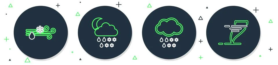 Set line Cloud with snow, rain, moon, and, Wind and Tornado icon. Vector Stock Illustration