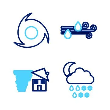 Set line Cloud with snow, rain, moon, Tornado swirl, Wind and and icon. Vector Illustrazione stock