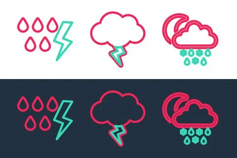 Set line Cloud with snow, rain, moon, Storm and  icon. Vector Illustrazione stock