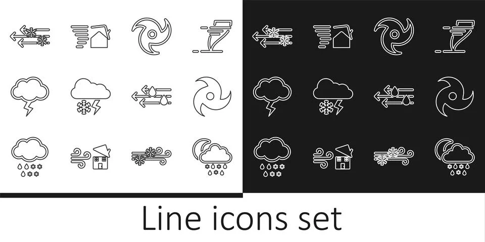 Set line Cloud with snow, rain, moon, Tornado, and lightning, Storm, Wind,  a Stock Illustration