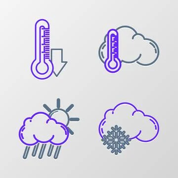 Set line Cloud with snow, rain and sun, Thermometer cloud and icon. Vector Illustrazione stock