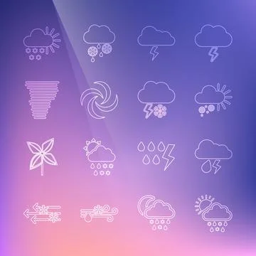 Set line Cloud with snow, rain, sun, and lightning, Cloudy, Storm, Tornado, and Stock Illustration