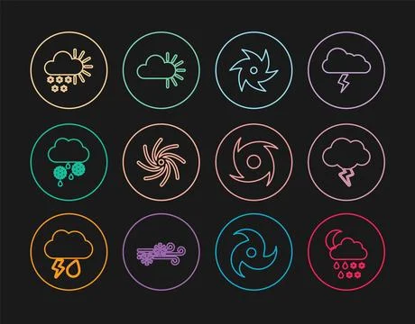 Set line Cloud with snow, rain, moon, Storm, Tornado, and, Cloudy,  and  ic.. Stock Illustration