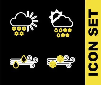 Set line Cloud with snow, rain, sun, Wind and,  and Cloudy icon. Vector Stock Illustration