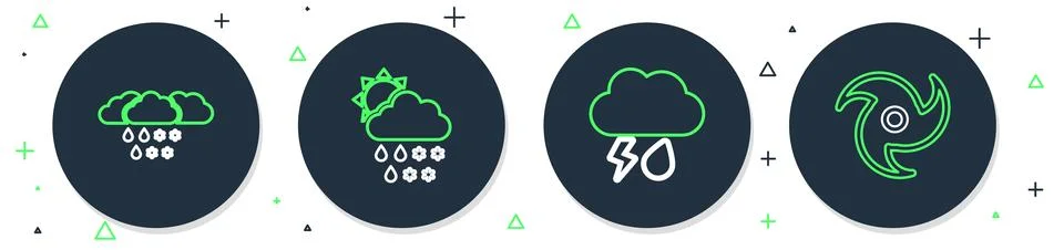 Set line Cloud with snow, rain, sun, and lightning,  and Tornado icon. Vector Stock Illustration