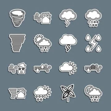 Set line Cloud with snow, rain, moon, Wind and, Storm, sun, Tornado,  and  .. Stock Illustration