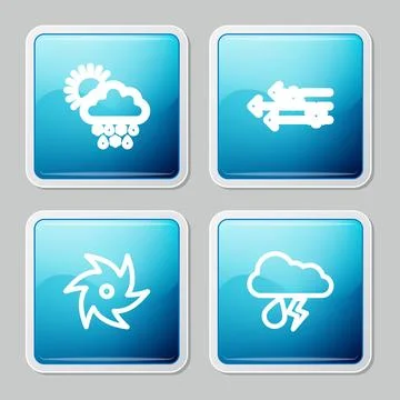 Set line Cloud with snow, rain, sun, Wind and, Tornado and lightning icon. Ve Stock Illustration