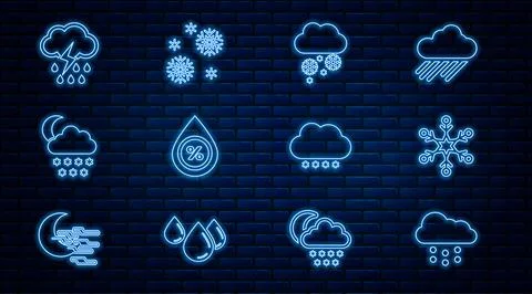 Set line Cloud with snow, Snowflake, Water drop percentage, and moon, rain Ilustração Stock