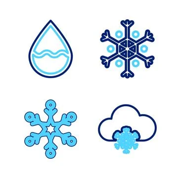 Set line Cloud with snow, Snowflake,  and Water drop icon. Vector 스톡 일러스트