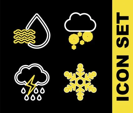 Set line Cloud with snow, Snowflake, rain and lightning and Water drop perc.. Stock Illustration