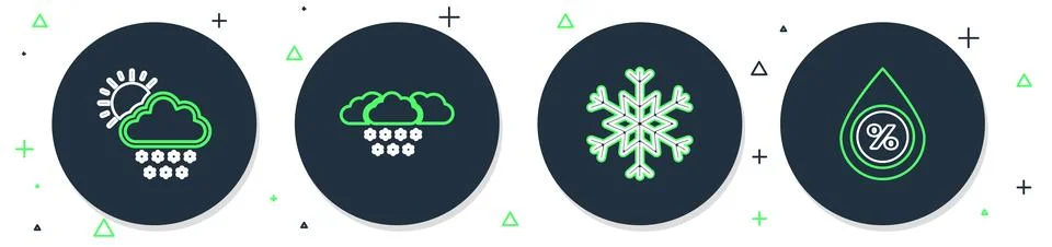Set line Cloud with snow, Snowflake, and sun and Water drop percentage icon.. Stock Illustration