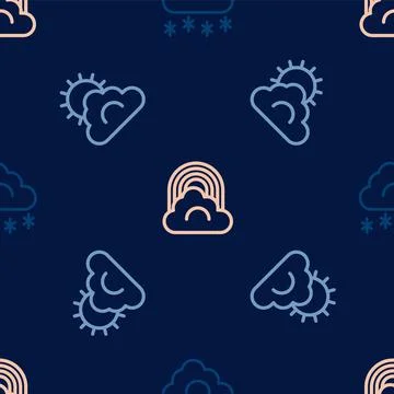 Set line Cloud with snow, Sun and cloud weather and Rainbow on seamless pattern Stock Illustration