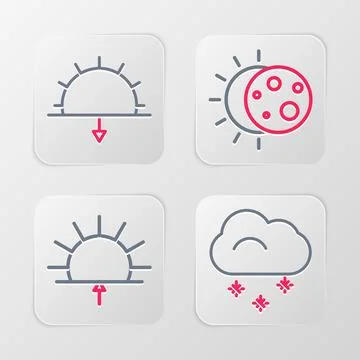 Set line Cloud with snow, Sunrise, Eclipse of the sun and Sunset icon. Vector Stock Illustration