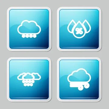 Set line Cloud with snow, Water drop percentage, and Windy weather icon. Vector Illustrazione stock