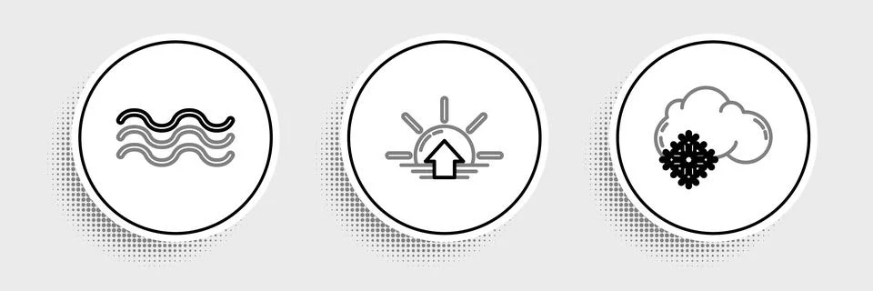 Set line Cloud with snow, Waves and Sunrise icon. Vector Stock Illustration