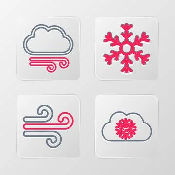 Set line Cloud with snow, Wind, Snowflake and Windy weather icon. Vector Stock Illustration
