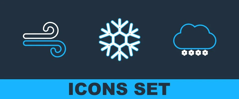 Set line Cloud with snow, Wind and Snowflake icon. Vector Stock Illustration