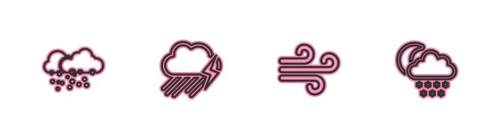 Set line Cloud with snow, Wind, rain and lightning and moon icon. Vector Stockillustratie